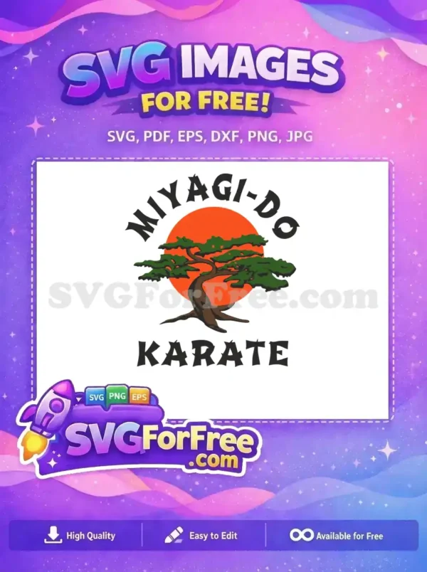 Free Miyagi-Do Karate logo featuring a stylized bonsai tree and orange sun. A classic martial arts design available for your projects.