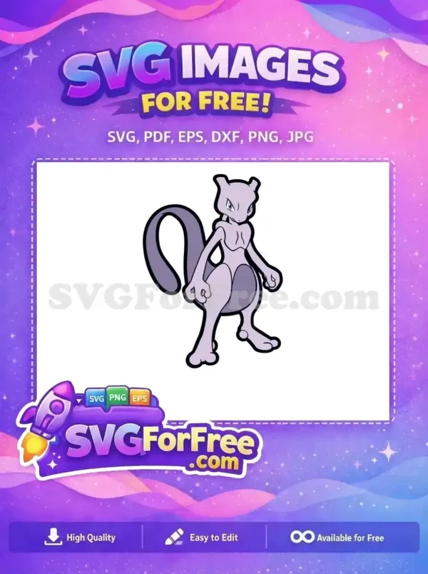 A powerful free Mewtwo SVG, number 151, depicted in a classic pose with its signature purple and black outline. Ideal for fans and free creative projects.