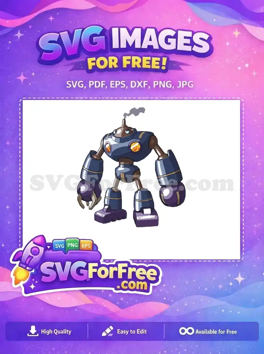 A free, stout blue and brown robot character with a smoke stack, glowing chest plates, and a claw hand. Perfect free SVG for digital art.