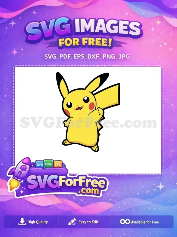 Free Pikachu SVG Design – Iconic Pokémon Character Art A vibrant, free SVG of Pikachu, the cheerful yellow Pokémon, with black-tipped ears and a lightning bolt tail.