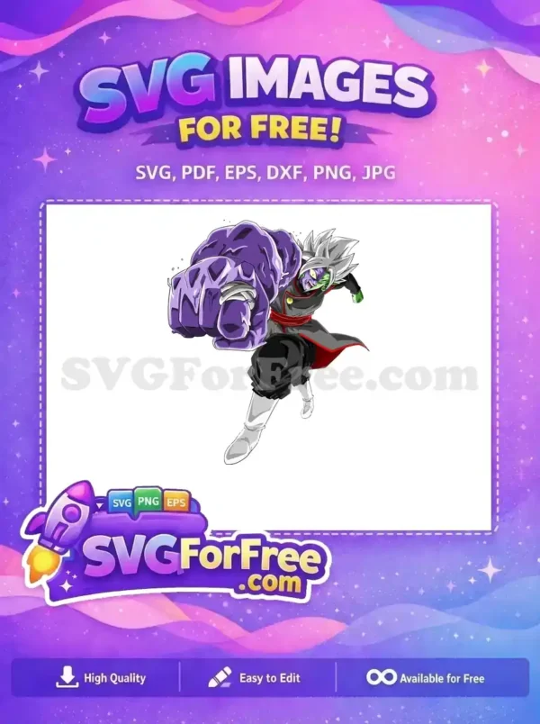 Dynamic free design of a formidable anime villain, Fused Zamasu, showcasing his corrupted purple arm. Perfect free SVG for fans!
