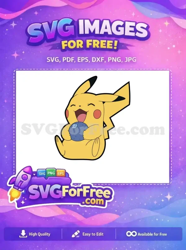 A free Pikachu SVG design, joyfully sitting and holding a blue berry, perfect for delightful creative projects.