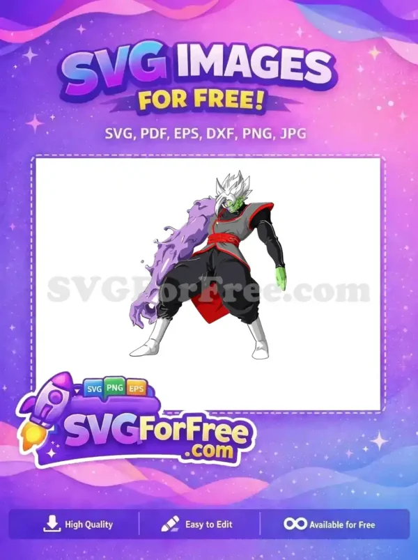 Free Fused Zamasu Corrupted Form SVG Design Download Dynamic free design of Fused Zamasu, featuring his corrupted purple arm and fierce expression, ready for battle.