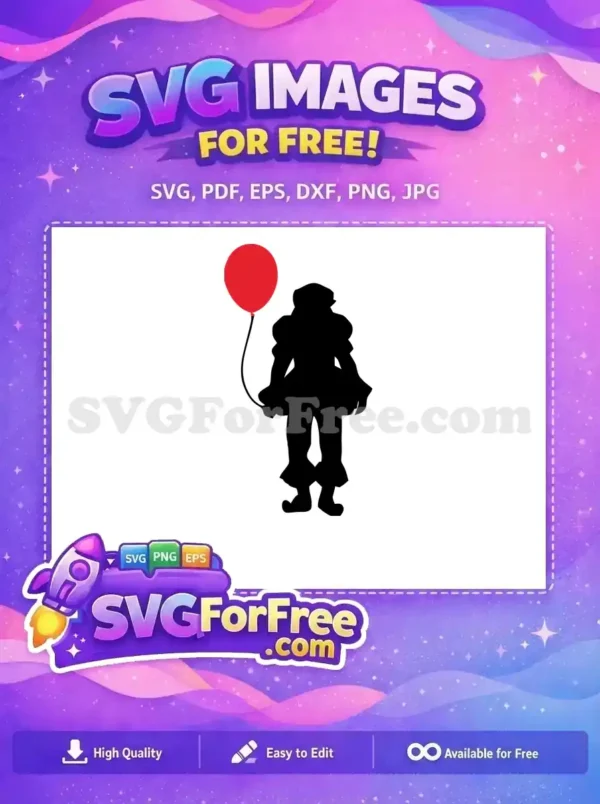 A free design featuring a creepy Pennywise clown silhouette holding a vibrant red balloon, perfect for horror crafts.