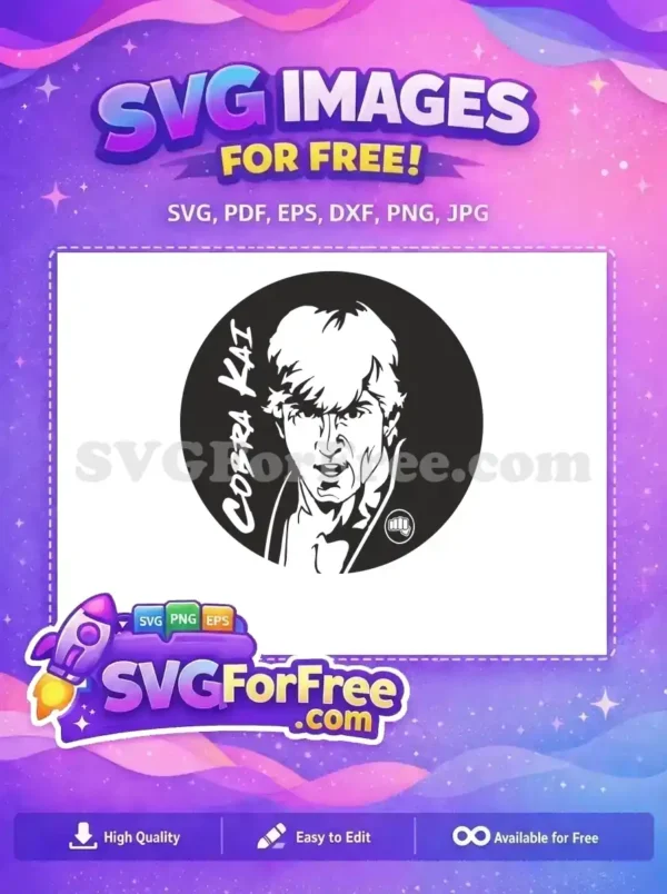 Free Cobra Kai Johnny Lawrence SVG – Strike First, Hard! Free Cobra Kai SVG featuring Johnny Lawrence's iconic determined face within a circle, ready for your projects.