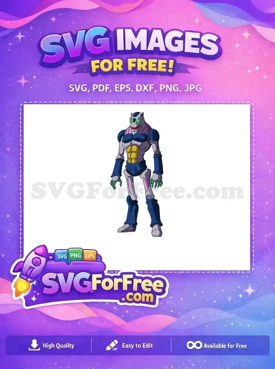 A striking free character design, an alien-like creature with blue armor, green eyes, and yellow abs. Perfect free SVG for diverse projects.
