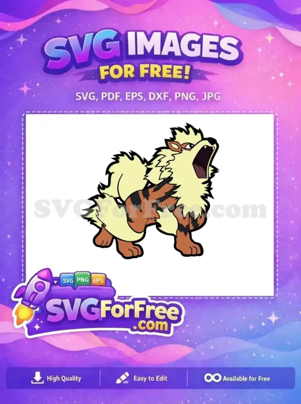 Free Arcanine SVG: Majestic Growling Fire Pokémon Design A free Arcanine SVG, featuring the majestic, growling Fire-type Pokémon. This detailed free vector captures its power for fans.