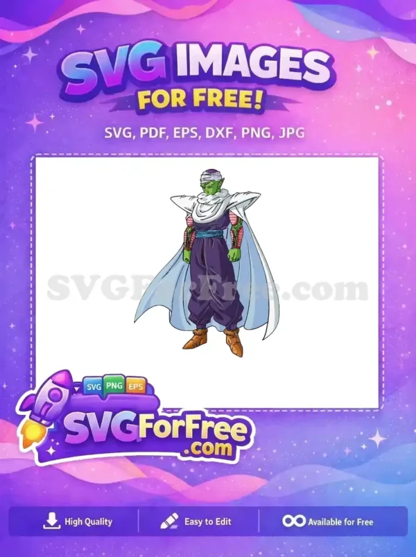 A full body, free SVG of Piccolo from Dragon Ball Z, featuring his green skin, purple gi, and white cape. This free design is ready for all your creative projects.