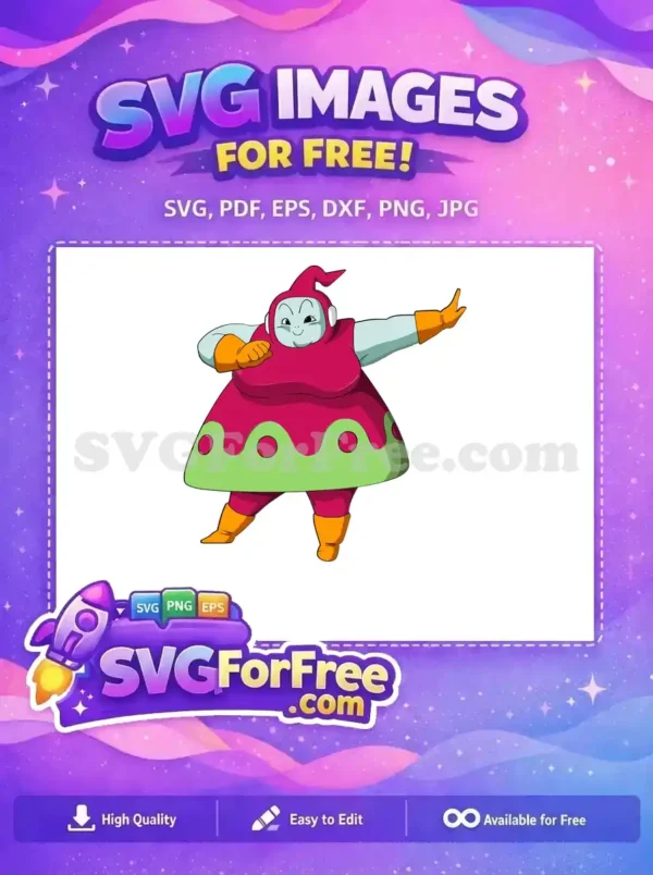 Discover this free, cheerful character SVG featuring a plump, light-blue skinned figure in a pink and green dress, striking a happy pose.