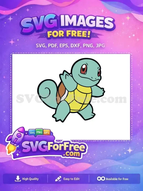 A cheerful free Squirtle SVG design featuring the beloved water-type Pokémon, perfect for crafting and digital projects. Free to download!