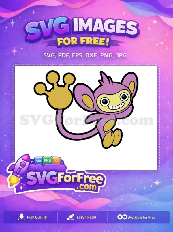 Free Aipom SVG Design – Playful Pokémon Vector Art A vibrant, free Aipom Pokémon vector design, featuring the cheerful purple monkey-like creature with its iconic tail hand. Ideal for fans.