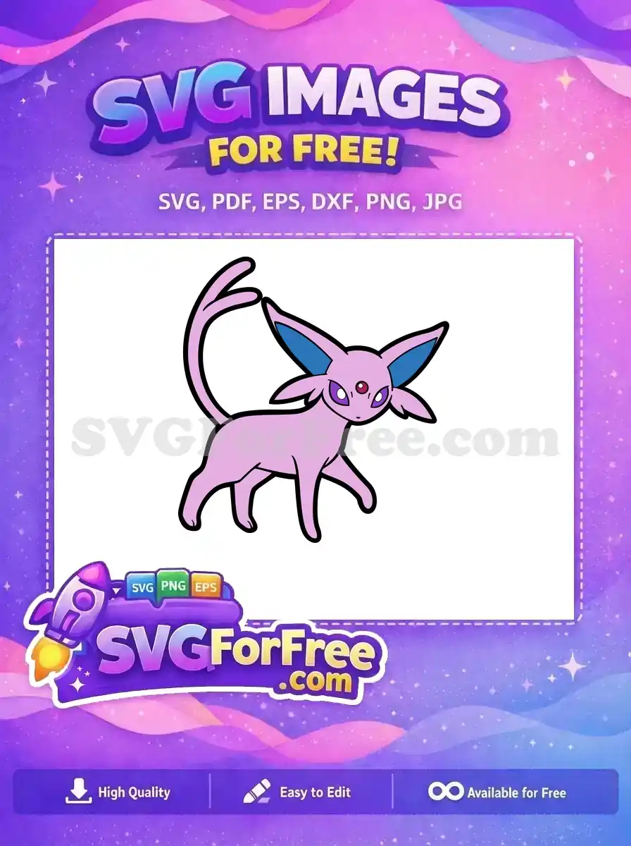 A vibrant free SVG of Espeon, the Psychic-type Pokémon, with light purple fur, blue ears, and a red gem.