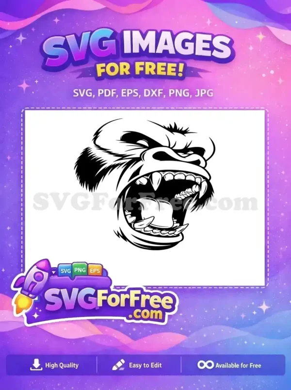 Discover this free roaring gorilla head SVG, an aggressive black and white vector design ideal for striking apparel and branding projects.