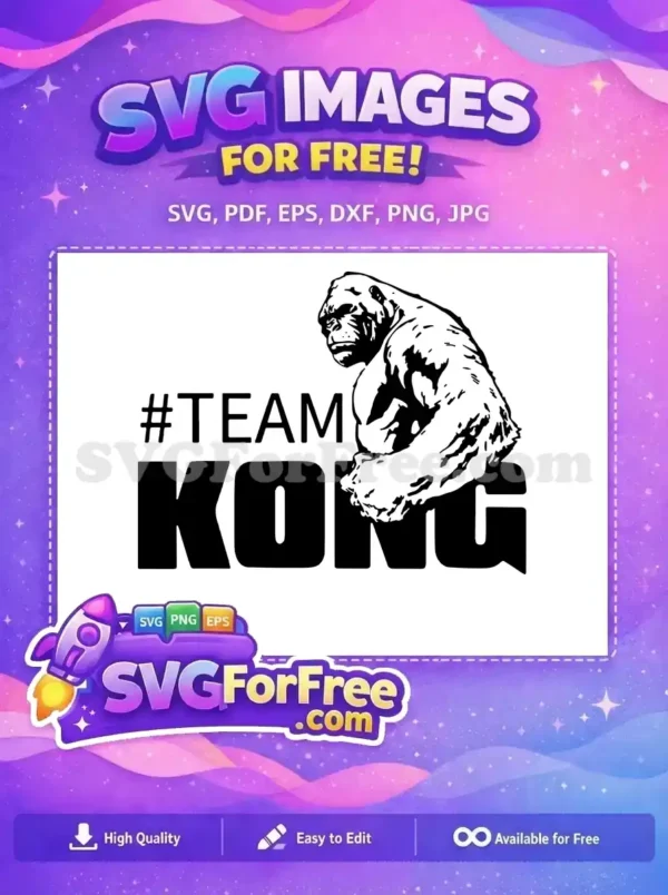 Free Dynamic Gorilla SVG: #TEAM KONG Strength Design A dynamic free SVG of a black and white muscular gorilla with '#TEAM KONG' text, symbolizing strength & unity.