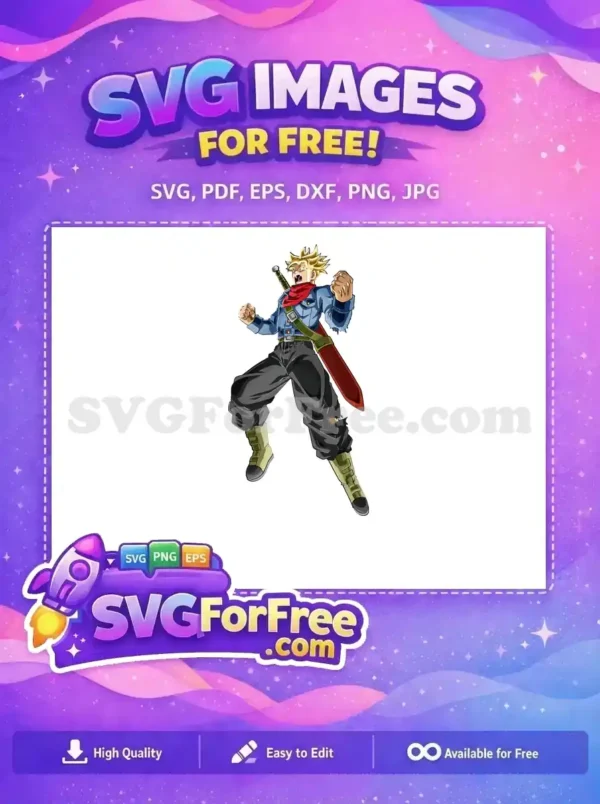 Dynamic free Super Saiyan Trunks SVG, ready for action with his sword, perfect for any fan art project. Download this free design now!