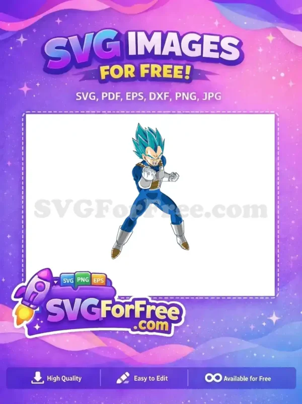 Free Super Saiyan Blue Vegeta in a powerful stance, fists clenched, ready for battle. A high-quality free design for fans.