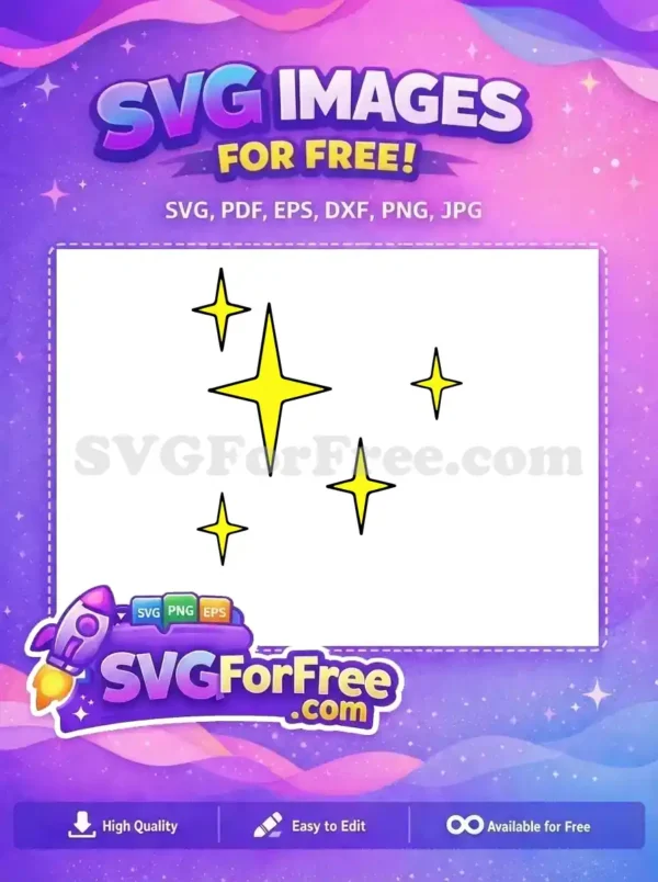 A vibrant free design showcasing five yellow four-pointed stars with bold black outlines, sparkling brightly on a white background. Free SVG.