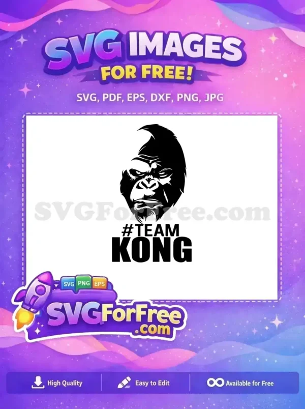 Free King Kong SVG: Unleash the Power of Team Kong Design! A fierce King Kong head with '#TEAM KONG' text, a powerful free SVG design for bold projects. Customize your crafts with this striking free vector graphic, available now for instant download.