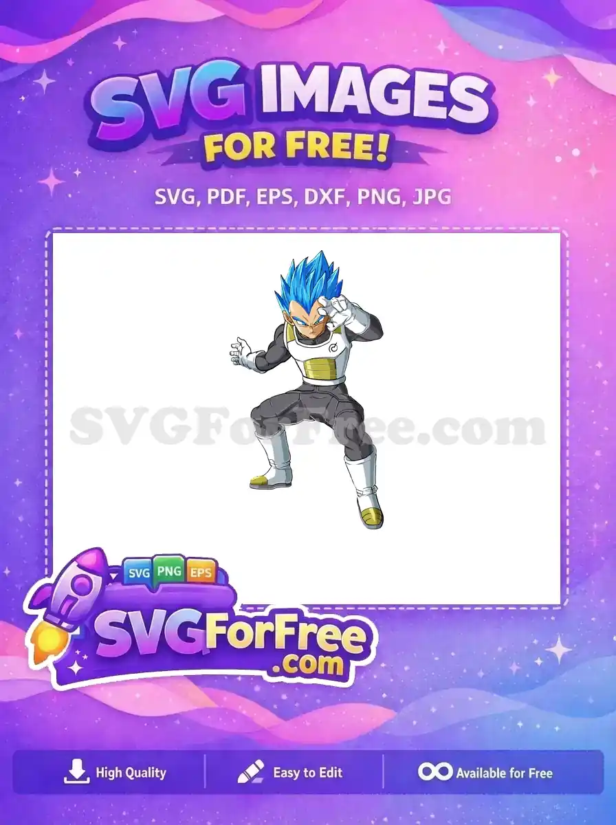 Free Super Saiyan Blue Vegeta SVG, ready for battle, in a dynamic pose. A high-quality free design for anime enthusiasts.