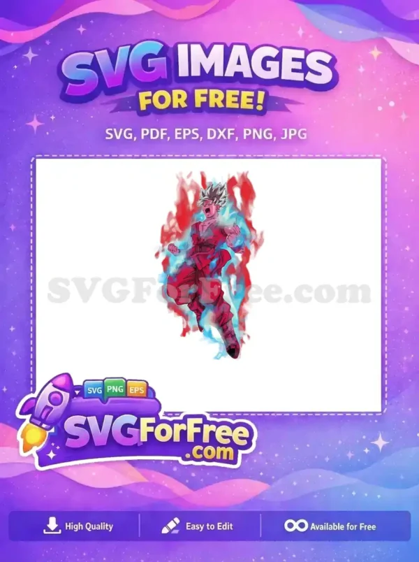 Experience the might of Goku in this free design SVG. Dynamic pose with red and blue aura, perfect for crafting projects.