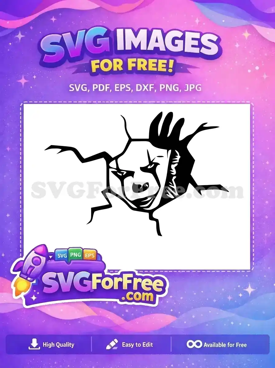 A free, striking black and white SVG of Pennywise the Clown's face emerging from a cracked surface, ideal for horror themed crafts.