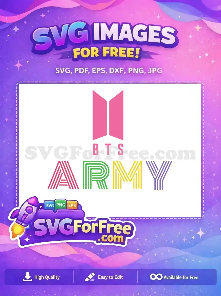 A vibrant, free BTS ARMY logo SVG, featuring the pink BTS symbol and colorful striped 'ARMY' text. An essential free design.