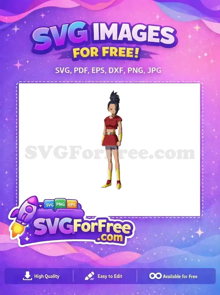 Free SVG of an anime female character, Kale-like, with dark hair, red crop top, skirt, and gold accents. A free design download.