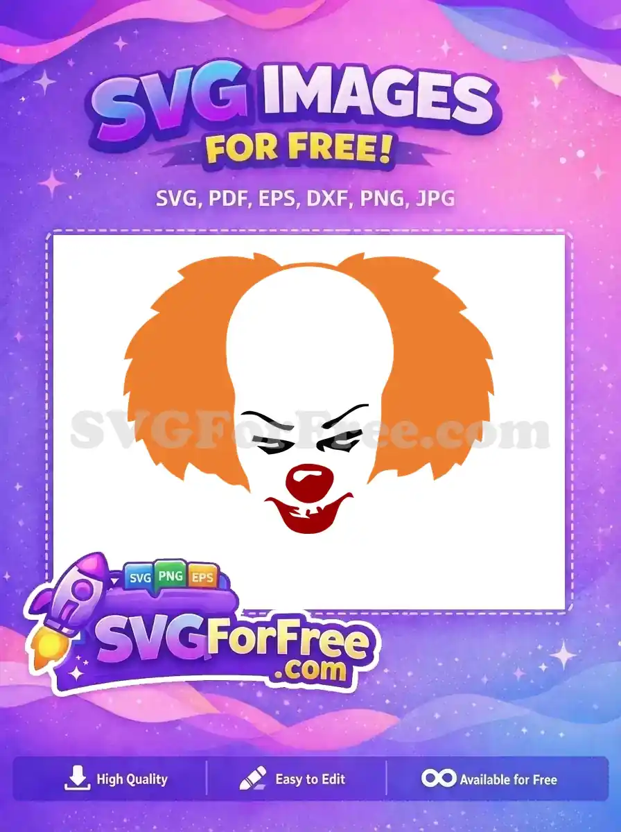 A striking free minimalist Pennywise clown face SVG, featuring orange hair and a sinister red smile. This free design is ideal for horror themes.