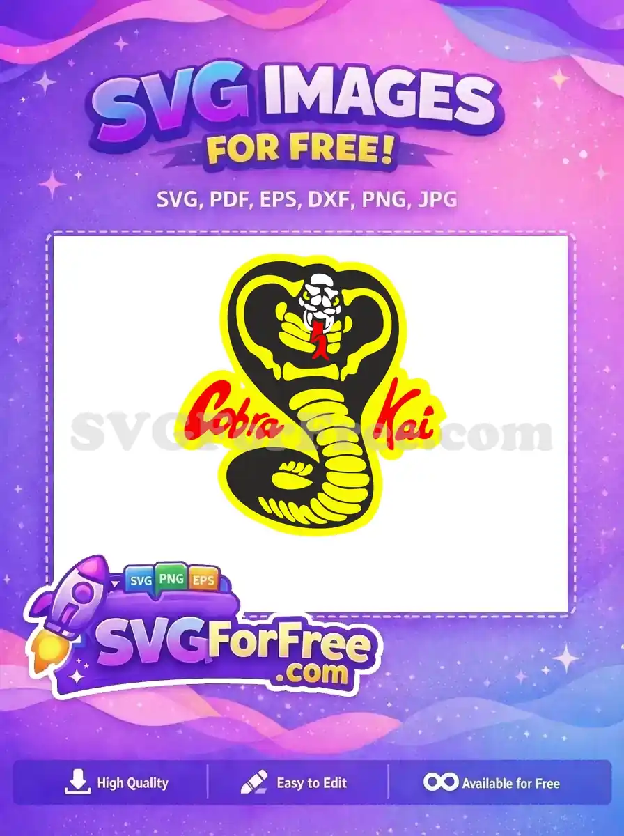 A free Cobra Kai logo featuring a striking black and yellow cobra with red text, ideal for free martial arts designs.