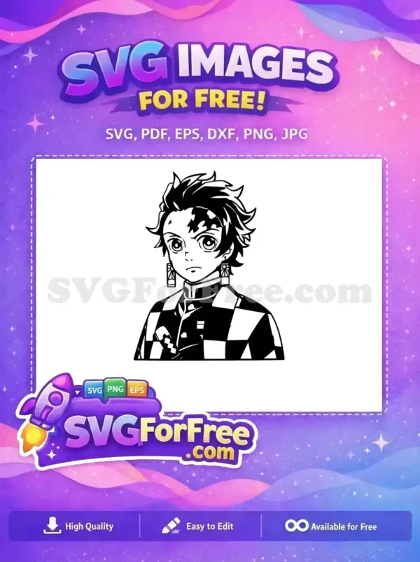 Free vector art of a popular anime character, Tanjiro Kamado, in black and white, featuring his iconic checkered pattern and hanafuda earrings for diverse free crafting projects.