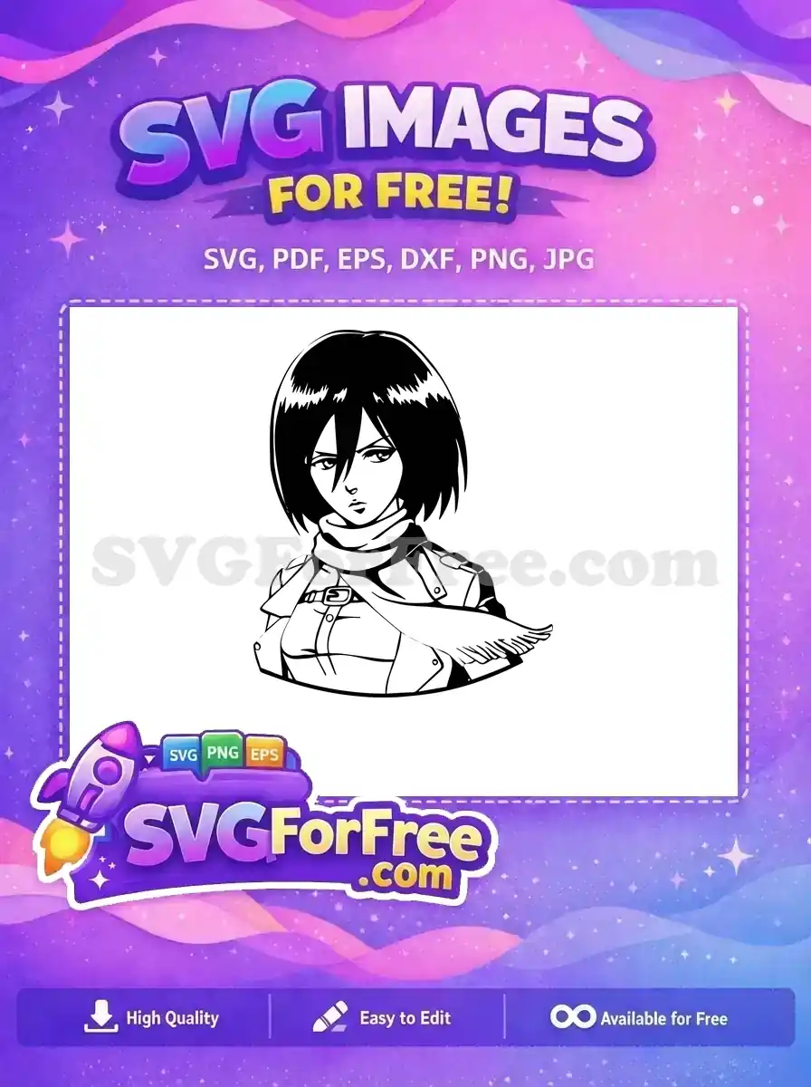 Free Mikasa Ackerman SVG design, a striking black and white anime vector for fans. This free artwork captures her determined expression and uniform, perfect for crafting.