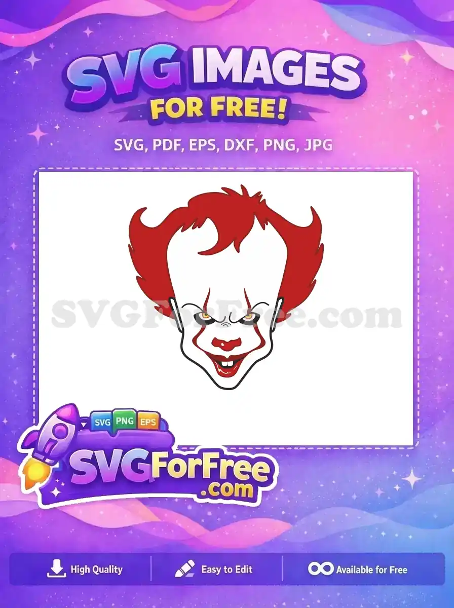 A free Pennywise clown head SVG, featuring vibrant red hair, eerie yellow eyes, and a sinister smile. Get this free horror design now!