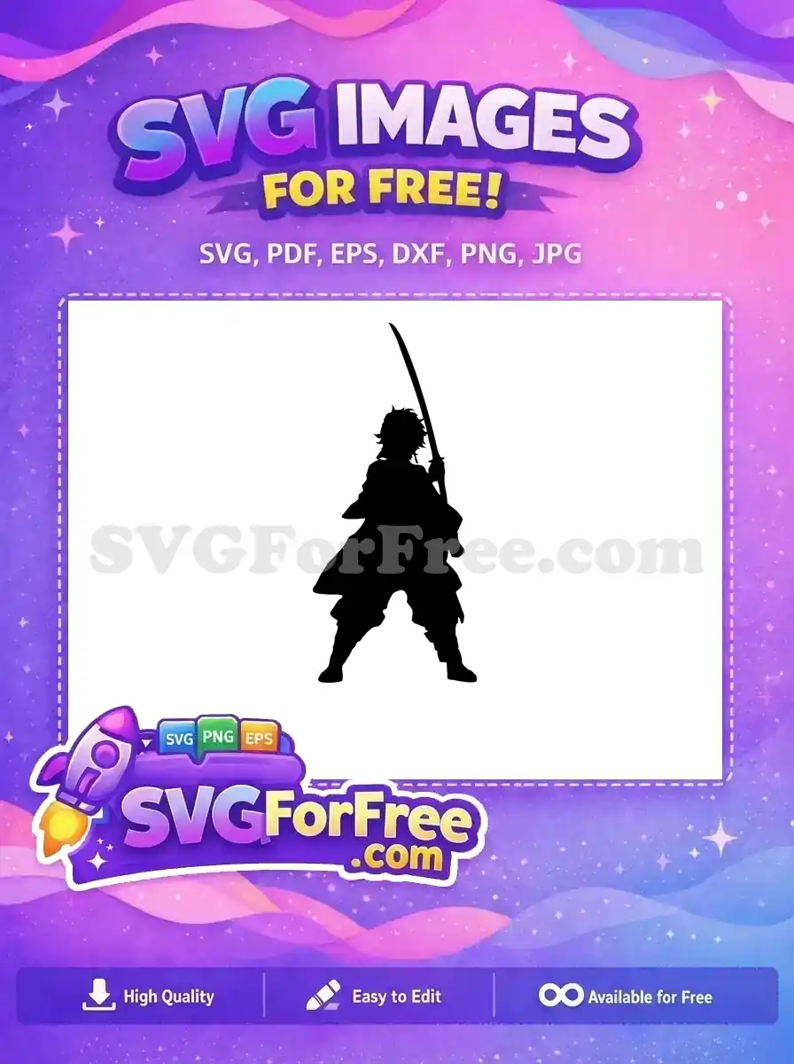Free warrior silhouette SVG, a dynamic black figure with a katana, ideal for cutting machines and digital art.