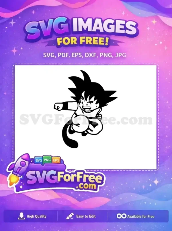 A free dynamic SVG of young Goku from Dragon Ball in a flying punch pose, perfect for crafts and apparel.