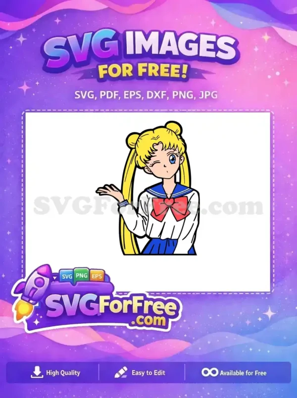 Free Sailor Moon winking vector image. Iconic blonde anime girl in school uniform, perfect for fans to download.