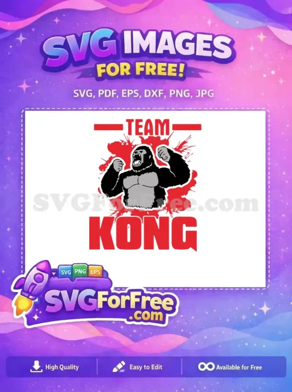 Free Team Kong Gorilla SVG: Unleash the Power Design Free "Team Kong" SVG showcasing a powerful, roaring gorilla flexing against a vibrant red splash background, ready for free use.