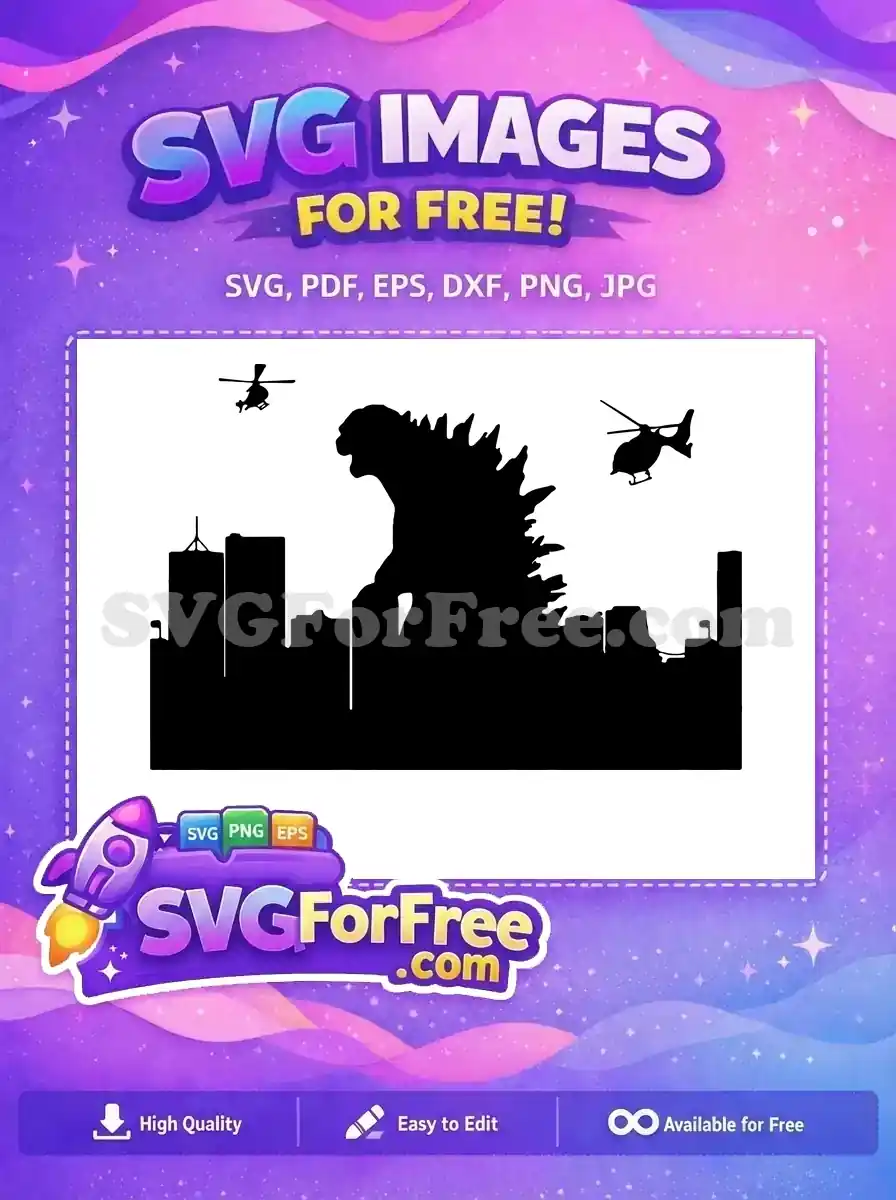 A free Godzilla silhouette rampaging through a city skyline with two helicopters in pursuit. Dynamic free monster design.