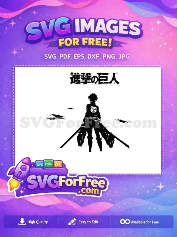 This free SVG features a striking silhouette of Eren Yeager from Attack on Titan, showcasing his iconic pose and the series' Japanese title. A must-have free design for anime fans!