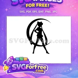 A striking free SVG silhouette of Sailor Moon in a powerful pose against a crescent moon. Ideal for crafters and designers.