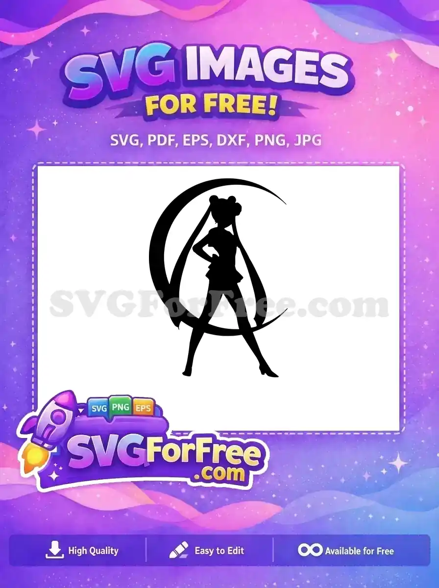 A striking free SVG silhouette of Sailor Moon in a powerful pose against a crescent moon. Ideal for crafters and designers.
