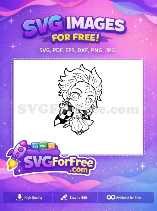 Free chibi anime character SVG, a charming outline of a popular demon slayer with iconic haori and earrings. Download this free design.