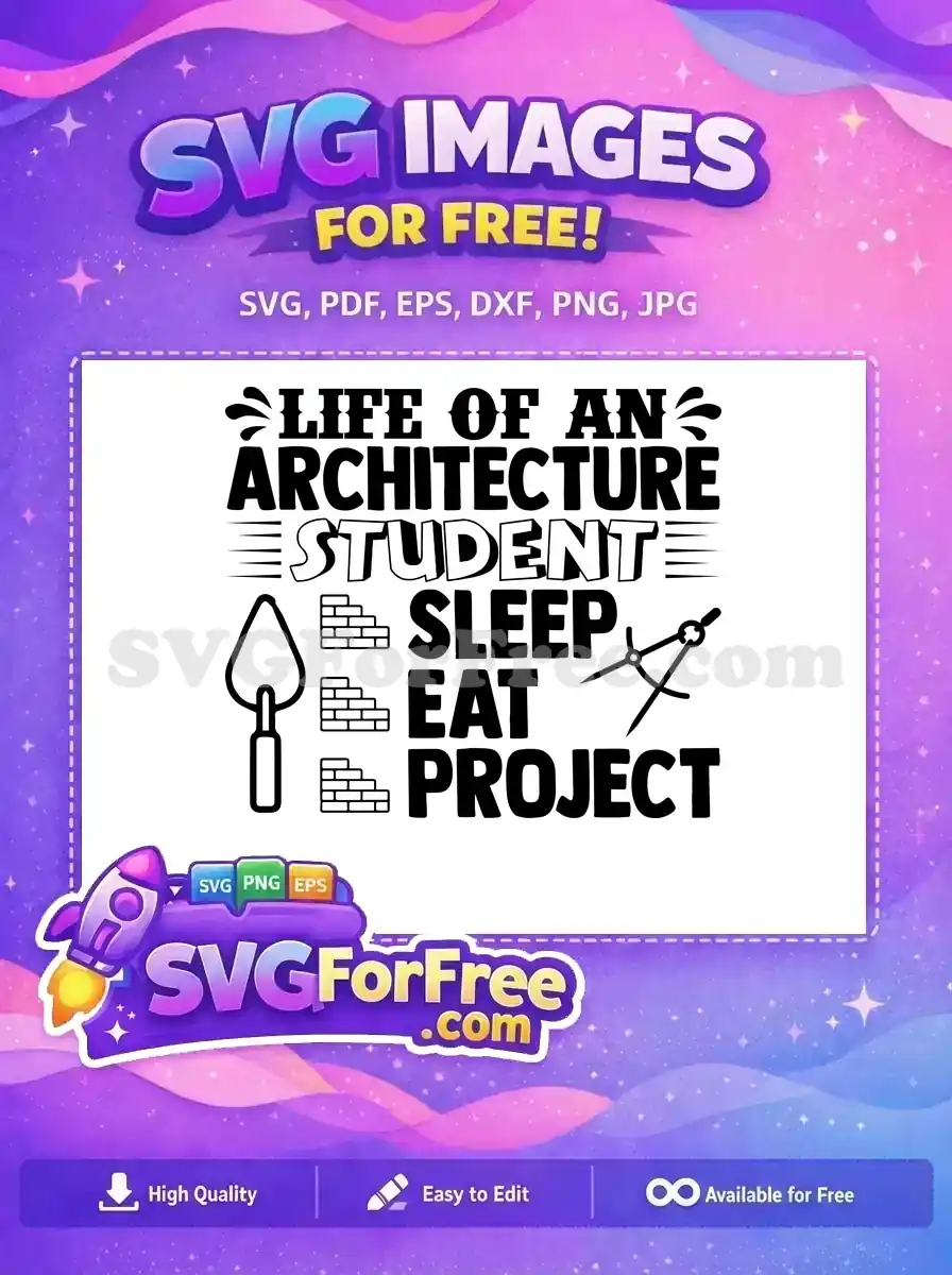 A free design illustrating the demanding life of an architecture student, featuring text, a trowel, bricks, and a compass.