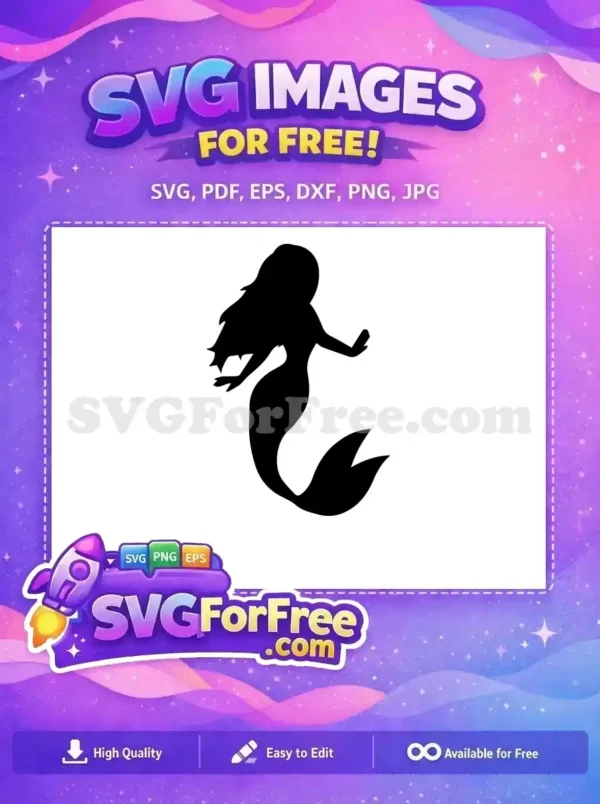 Free Mermaid Silhouette SVG – Enchanting Ocean Design A stunning free mermaid silhouette in black, ideal for crafting, apparel, and ocean-themed decor. Download this versatile vector design.