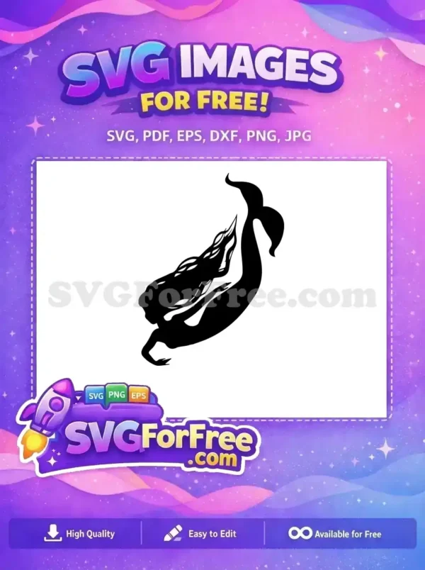 A beautiful free mermaid silhouette design, gracefully swimming, ideal for various creative projects and crafts. Free download.