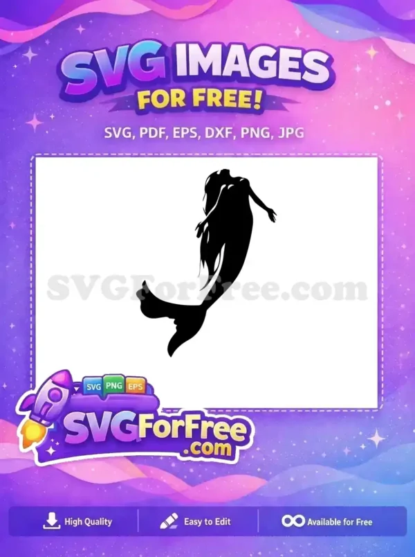 Free Graceful Mermaid Silhouette Design – Dive into Fantasy! A beautiful free mermaid silhouette, gracefully swimming with flowing hair and tail, ideal for fantasy-themed projects. A versatile free vector.