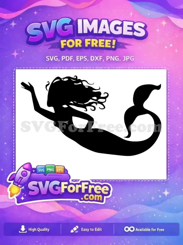 Free Mermaid Silhouette SVG – Elegant Digital Design A free elegant black mermaid silhouette design, showcasing flowing hair and a graceful pose, perfect for crafts. Free SVG download.