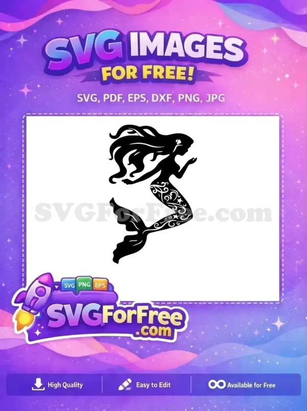 Free Enchanting Mermaid Silhouette SVG Design for Crafts A graceful free mermaid silhouette, featuring flowing hair, an ornate tail with swirls and stars, perfect for magical projects.