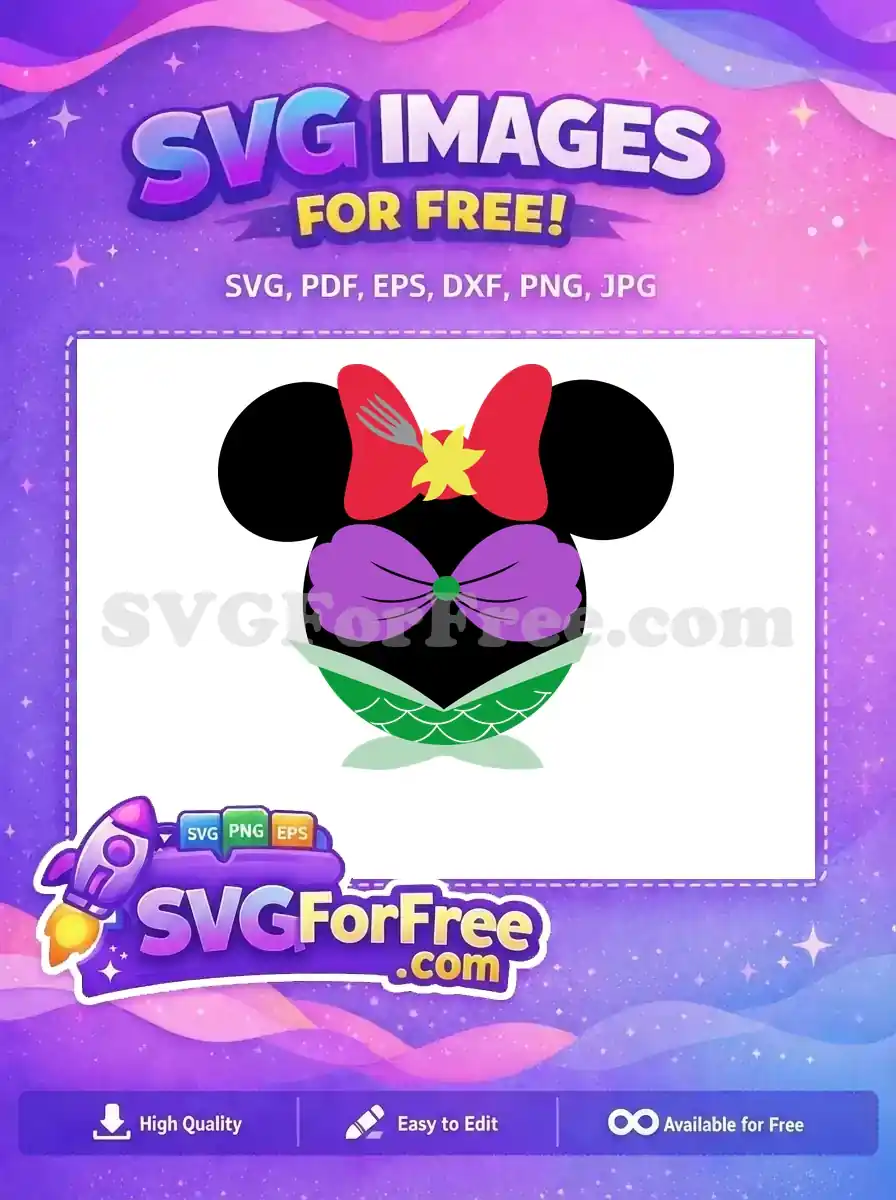 A free Minnie Mouse head design, styled as Ariel the mermaid, featuring a red bow, dinglehopper, seashell top, and green tail.