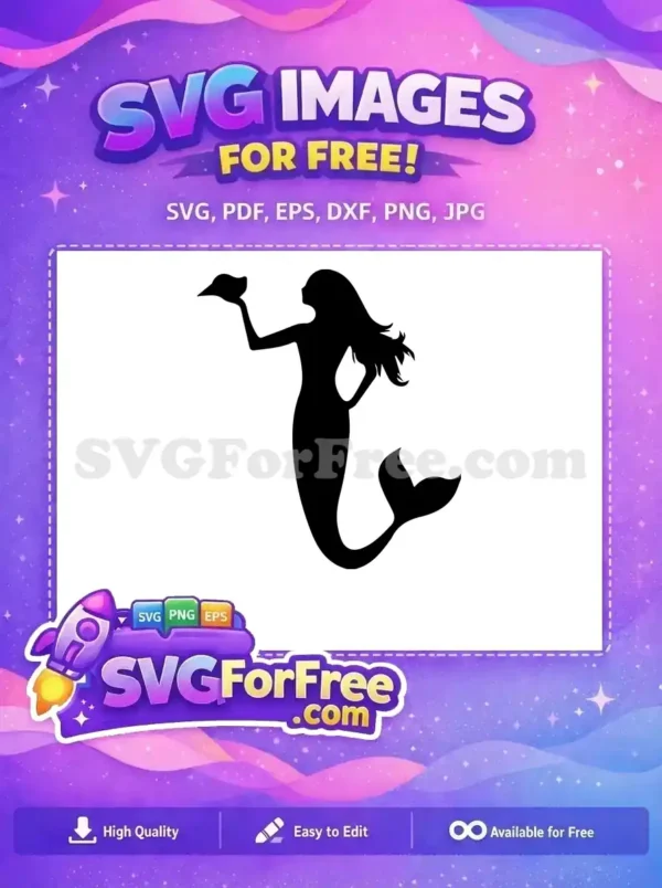 Free Mermaid Silhouette SVG – Elegant Ocean Design A stunning free mermaid silhouette holding a seashell, depicted in a classic pose with flowing hair. This free vector is ideal for magical designs.