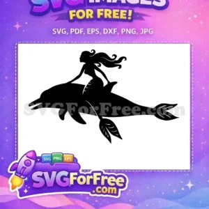 A beautiful free design of a mermaid with flowing hair riding majestically on a swimming dolphin's back.